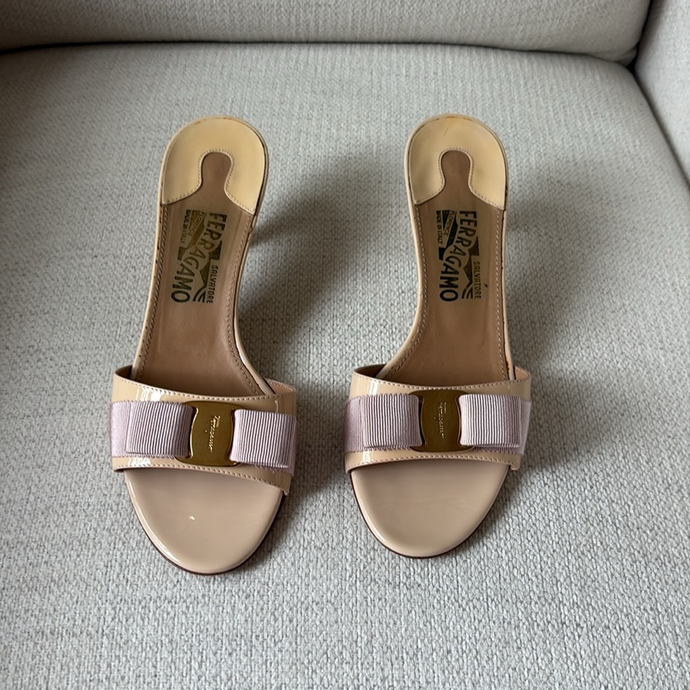 Salvatore Ferragamo Cream Mules with Metallic Strap